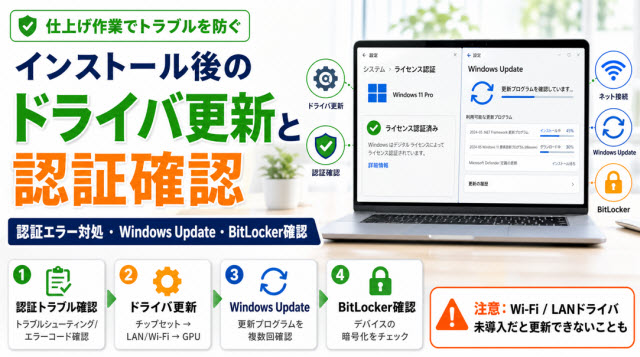 インストール後のドライバ更新と認証確認