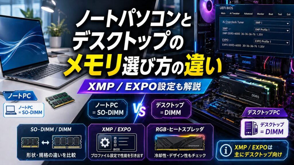ノートパソコンとデスクトップのメモリ選び方の違い