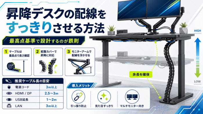 昇降デスクの配線をすっきりさせる方法