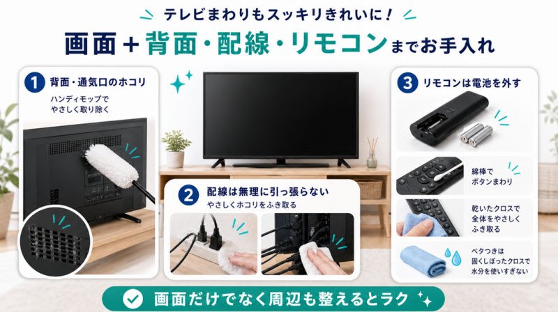 画面だけでなく、背面や配線まわりのホコリも一緒に掃除した