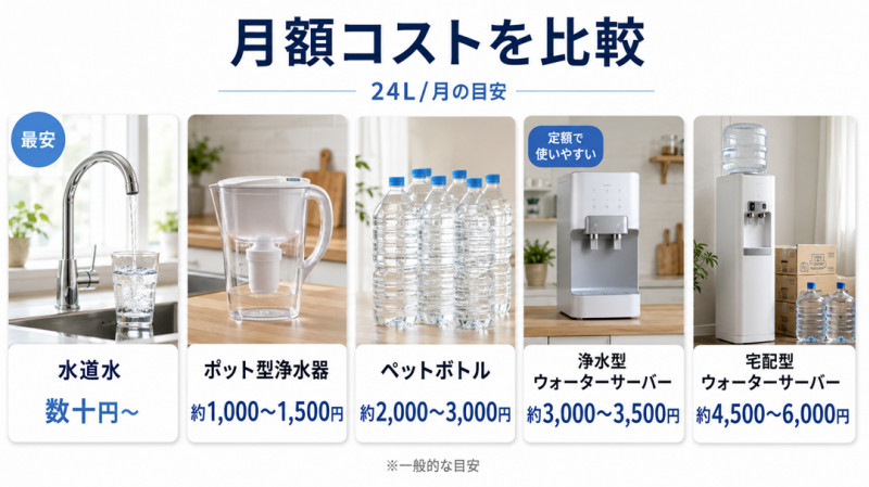 ウォーターサーバーとペットボトルとの月額コスト比較