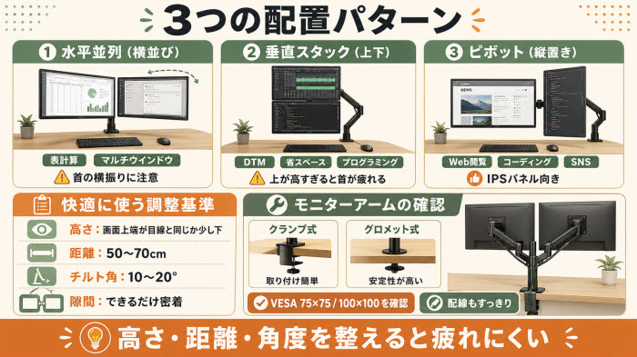 デュアルモニターの配置と人間工学に基づく設置