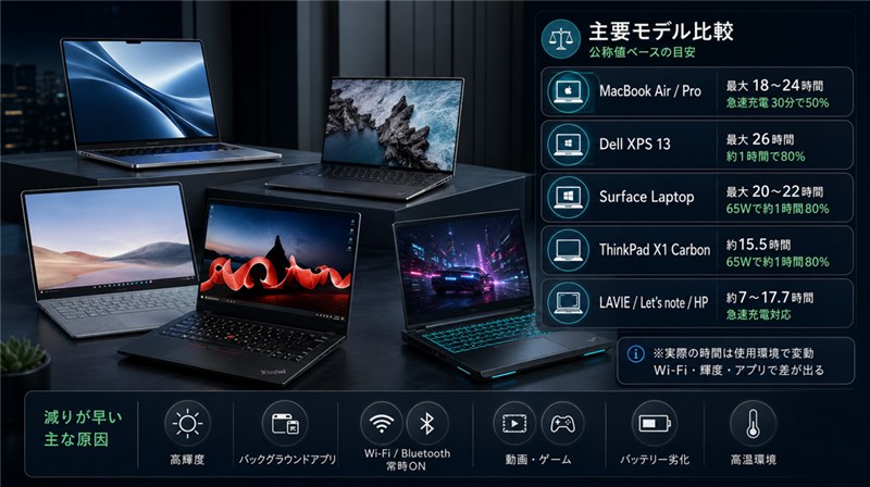 パソコンの充電が何時間もつかを機種別比較