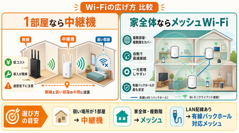 中継機とメッシュWi-Fiの違いと選び方