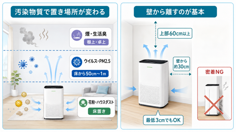 効果的な空気清浄機の置き場所の基本原則