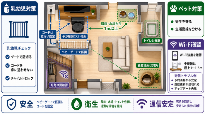 家族構成を考慮したロボット掃除機置き場所の工夫