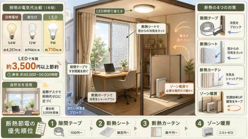 断熱と照明の工夫でリモートワークの電気代を節約する