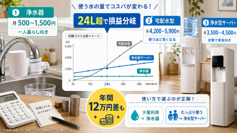 浄水器とウォーターサーバー比較のコスパを検証