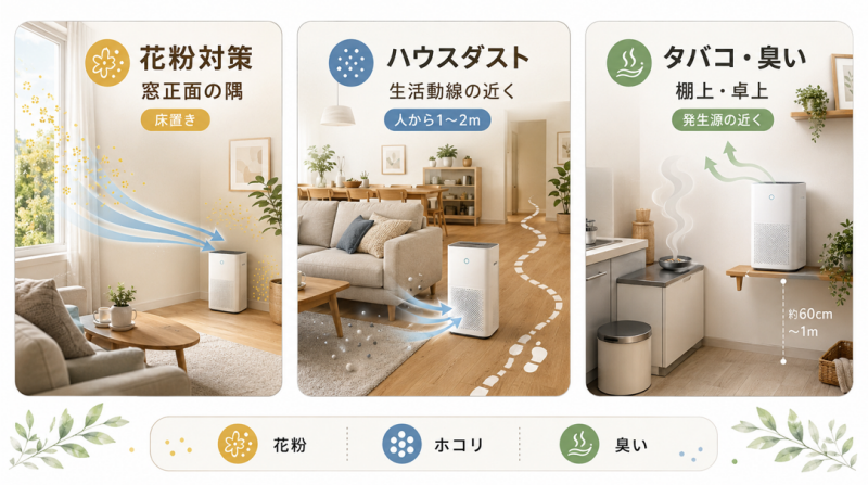 目的別に効果的な空気清浄機の置き場所を選ぶ