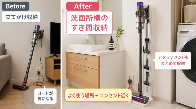 私が試したコードレス掃除機の収納例