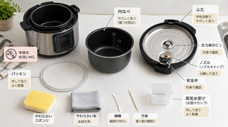 電気圧力鍋の部品別掃除方法